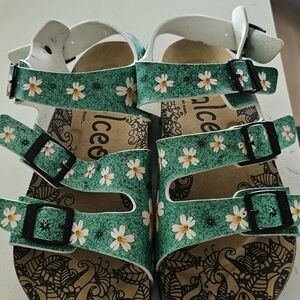 Ice Kids Sandals with Green Floral Design